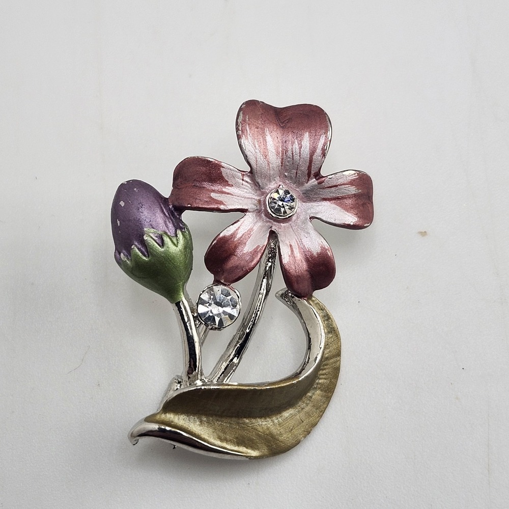 Silver Tone Pink Snd Purple‎ Flower Brooch